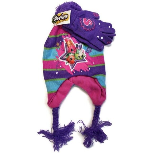 Shopkins Girls Purple & Pink Striped Scandinavian Hat and Gloves One Size Gift - Picture 2 of 6